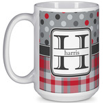 Red & Gray Dots and Plaid 15 Oz Coffee Mug - White (Personalized)