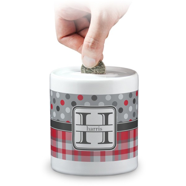Custom Red & Gray Dots and Plaid Coin Bank (Personalized)