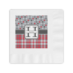 Red & Gray Dots and Plaid Coined Cocktail Napkins (Personalized)