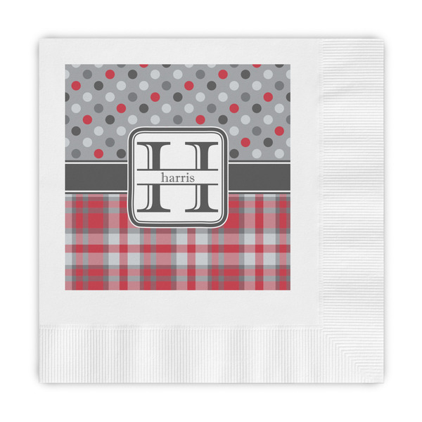 Custom Red & Gray Dots and Plaid Embossed Decorative Napkins (Personalized)