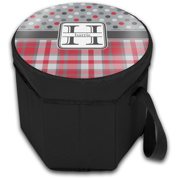 Red & Gray Dots and Plaid Collapsible Personalized Cooler & Seat (Closed)