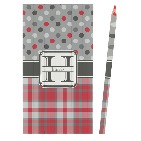 Red & Gray Dots and Plaid Colored Pencils - Front View