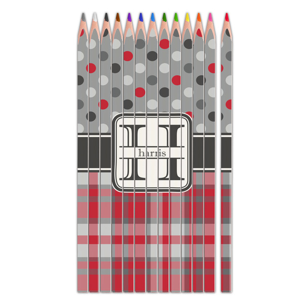 Custom Red & Gray Dots and Plaid Colored Pencils (Personalized)