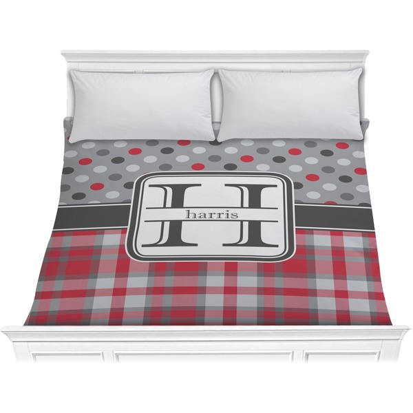 Custom Red & Gray Dots and Plaid Comforter - King (Personalized)