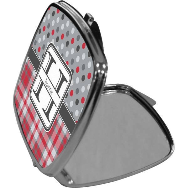 Red & Gray Dots and Plaid Compact Mirror (Side View)