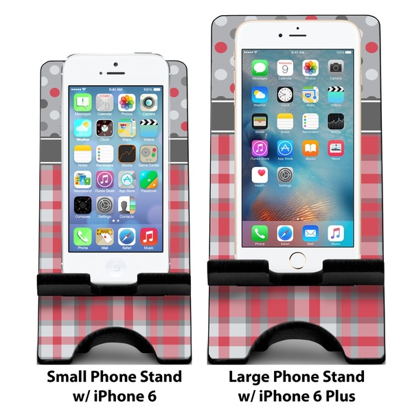 Red & Gray Dots and Plaid Compare Phone Stand Sizes - with iPhones