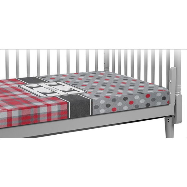 Custom Red & Gray Dots and Plaid Crib Fitted Sheet (Personalized)