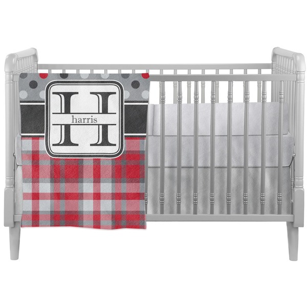 Custom Red & Gray Dots and Plaid Crib Comforter / Quilt (Personalized)