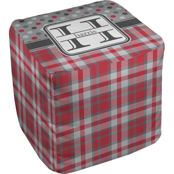 Custom Red & Gray Dots and Plaid Cube Pouf Ottoman - 18" (Personalized)