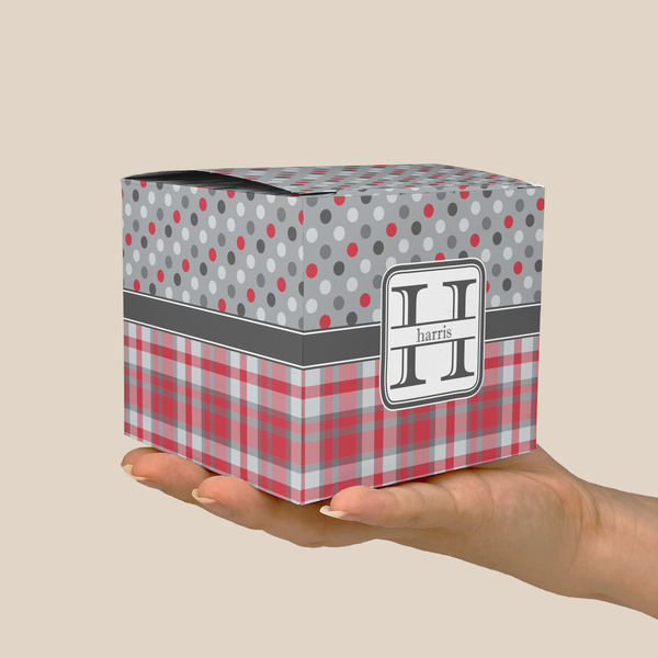 Red & Gray Dots and Plaid Cube Favor Gift Box - On Hand - Scale View