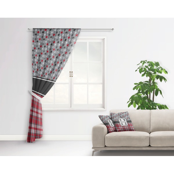 Red & Gray Dots and Plaid Curtain With Window and Rod - in Room Matching Pillow
