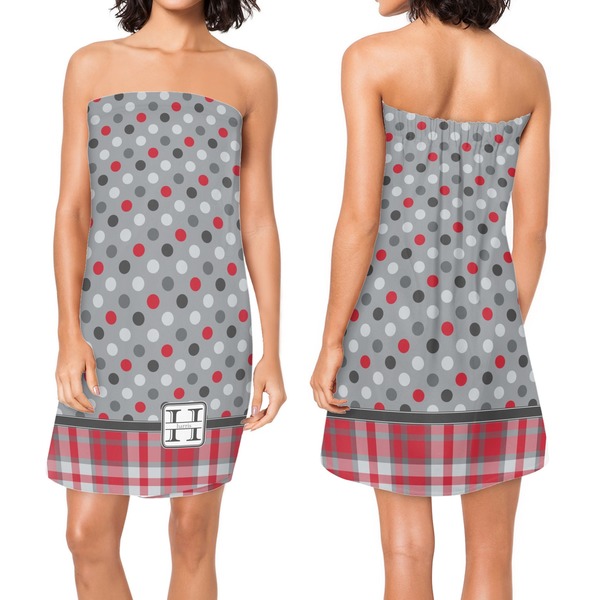 Red & Gray Dots and Plaid Custom Bath Wrap - Front & Back View