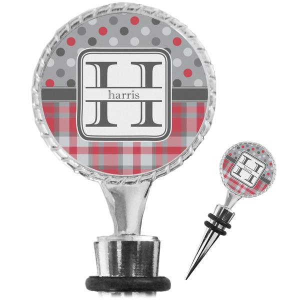 Custom Red & Gray Dots and Plaid Wine Bottle Stopper (Personalized)