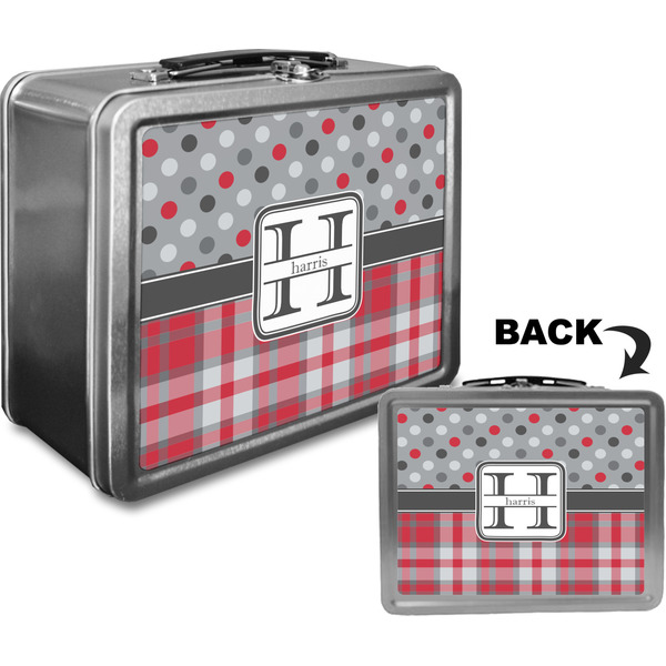 Red & Gray Dots and Plaid Custom Lunch Box / Tin Approval