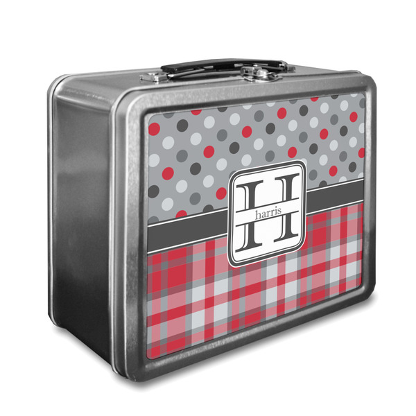 Custom Red & Gray Dots and Plaid Lunch Box (Personalized)
