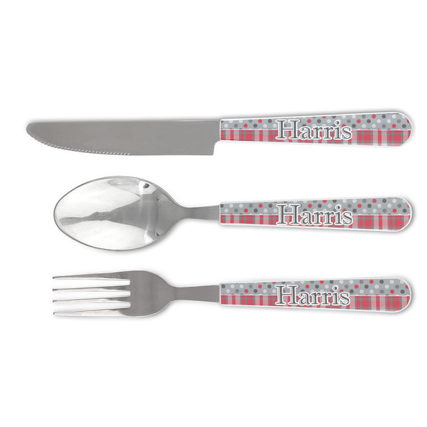 Custom Red & Gray Dots and Plaid Cutlery Set (Personalized)