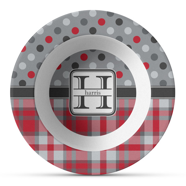 Custom Red & Gray Dots and Plaid Plastic Bowl - Microwave Safe - Composite Polymer (Personalized)