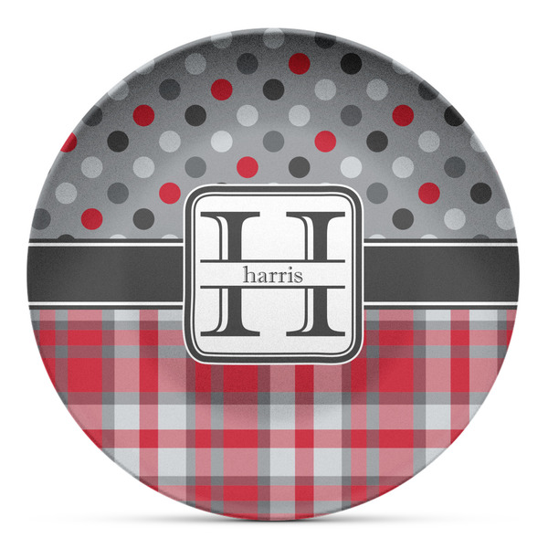 Custom Red & Gray Dots and Plaid Microwave Safe Plastic Plate - Composite Polymer (Personalized)