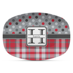 Red & Gray Dots and Plaid Plastic Platter - Microwave & Oven Safe Composite Polymer (Personalized)