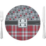 Red & Gray Dots and Plaid Glass Lunch / Dinner Plate 10" (Personalized)
