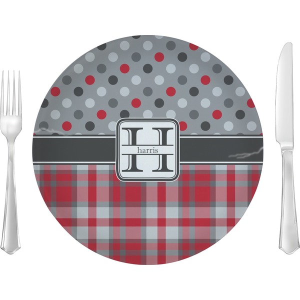 Custom Red & Gray Dots and Plaid 10" Glass Lunch / Dinner Plates - Single or Set (Personalized)