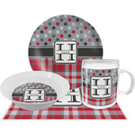 Red & Gray Dots and Plaid Dinner Set - Single 4 Pc Setting w/ Name and Initial
