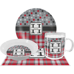 Red & Gray Dots and Plaid Dinner Set - Single 4 Pc Setting w/ Name and Initial