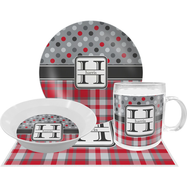 Custom Red & Gray Dots and Plaid Dinner Set - Single 4 Pc Setting w/ Name and Initial