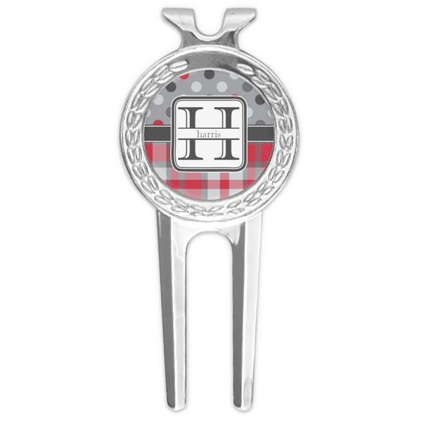 Custom Red & Gray Dots and Plaid Golf Divot Tool & Ball Marker (Personalized)
