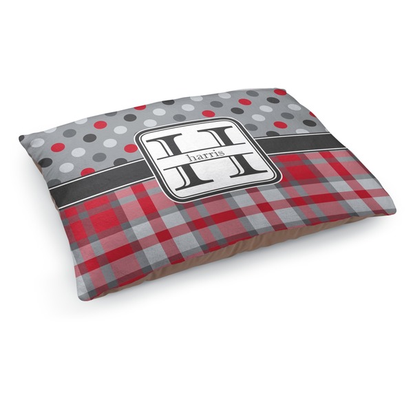 Custom Red & Gray Dots and Plaid Dog Bed - Medium w/ Name and Initial