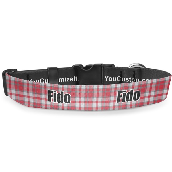 Custom Red & Gray Dots and Plaid Deluxe Dog Collar - Large (13" to 21") (Personalized)