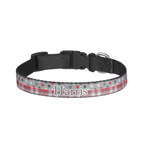 Custom Red & Gray Dots and Plaid Dog Collar - Small (Personalized)