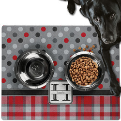 Red & Gray Dots and Plaid Dog Food Mat - Large w/ Name and Initial