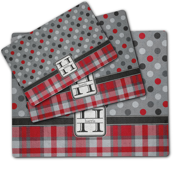 Red & Gray Dots and Plaid Dog Food Mat - MAIN (sm, med, lrg)