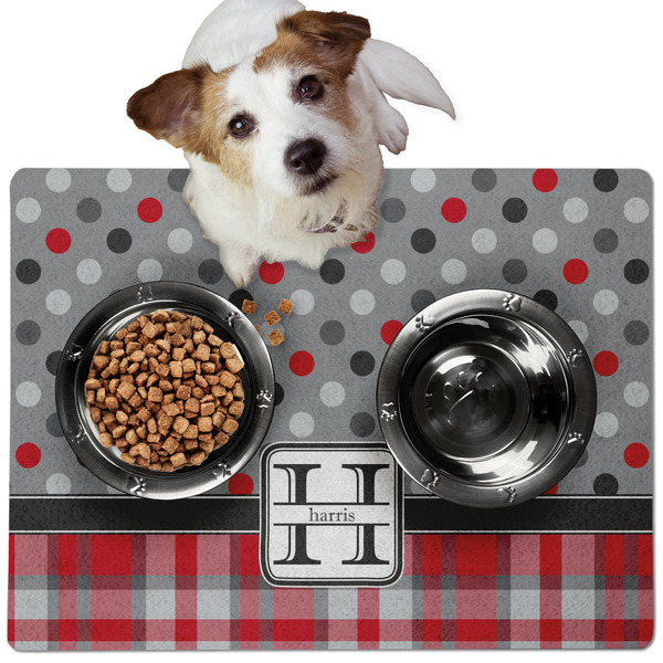 Custom Red & Gray Dots and Plaid Dog Food Mat - Medium w/ Name and Initial