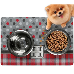 Red & Gray Dots and Plaid Dog Food Mat - Small w/ Name and Initial