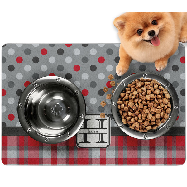 Custom Red & Gray Dots and Plaid Dog Food Mat - Small w/ Name and Initial