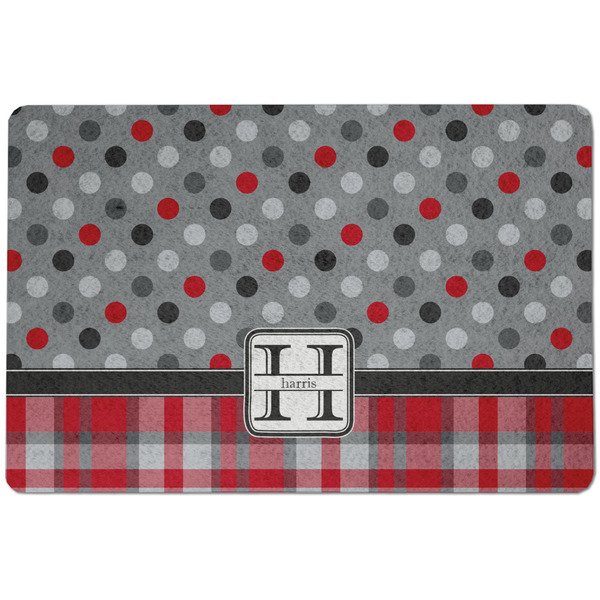 Custom Red & Gray Dots and Plaid Dog Food Mat w/ Name and Initial
