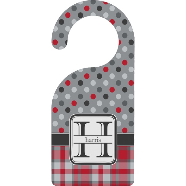 Custom Red & Gray Dots and Plaid Door Hanger (Personalized)