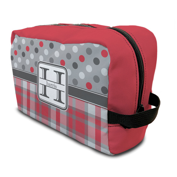 Custom Red & Gray Dots and Plaid Toiletry Bag / Dopp Kit (Personalized)