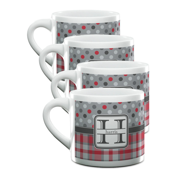 Custom Red & Gray Dots and Plaid Double Shot Espresso Cups - Set of 4 (Personalized)