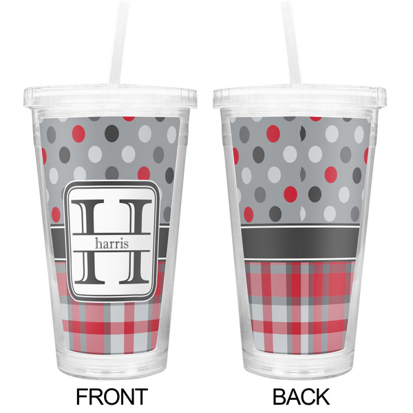Red & Gray Dots and Plaid Double Wall Tumbler with Straw - Approval