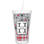 Red & Gray Dots and Plaid Double Wall Tumbler with Straw (Personalized)