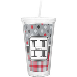 Red & Gray Dots and Plaid Double Wall Tumbler with Straw (Personalized)