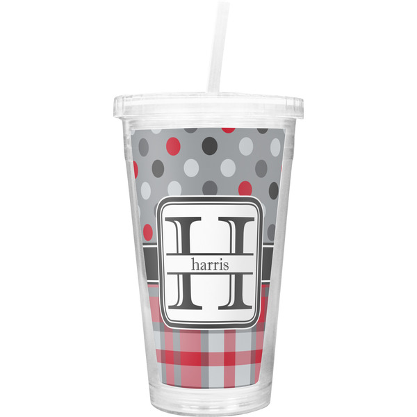 Custom Red & Gray Dots and Plaid Double Wall Tumbler with Straw (Personalized)