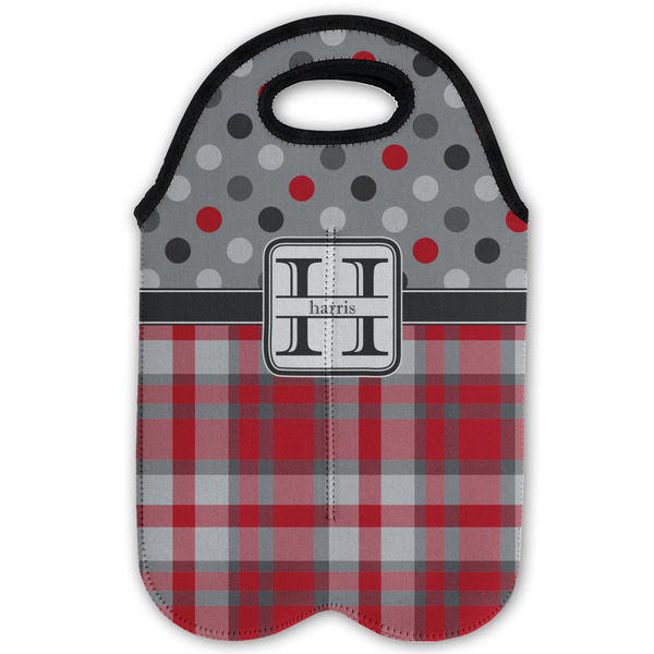 Red & Gray Dots and Plaid Double Wine Tote - Flat (new)