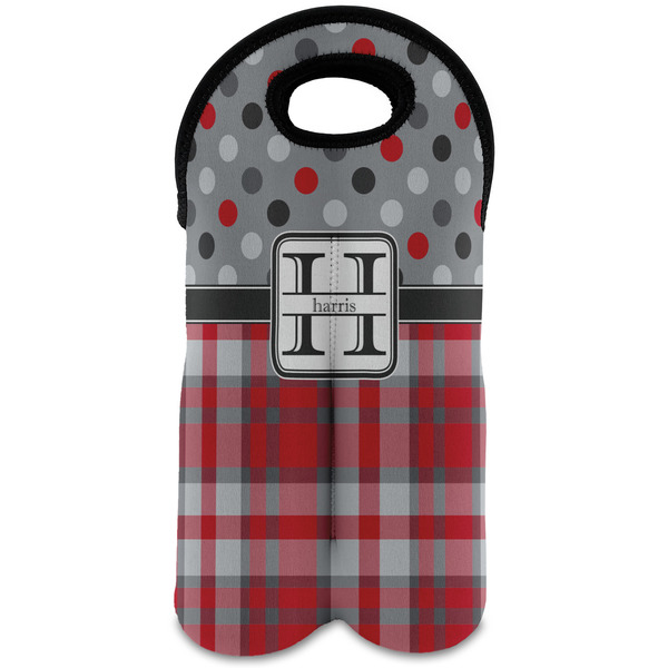 Custom Red & Gray Dots and Plaid Wine Tote Bag (2 Bottles) (Personalized)
