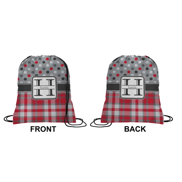 Red & Gray Dots and Plaid Drawstring Backpack Front & Back Small