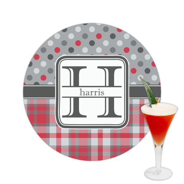Custom Red & Gray Dots and Plaid Printed Drink Topper -  2.5" (Personalized)