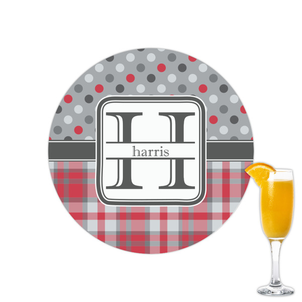 Custom Red & Gray Dots and Plaid Printed Drink Topper - 2.15" (Personalized)